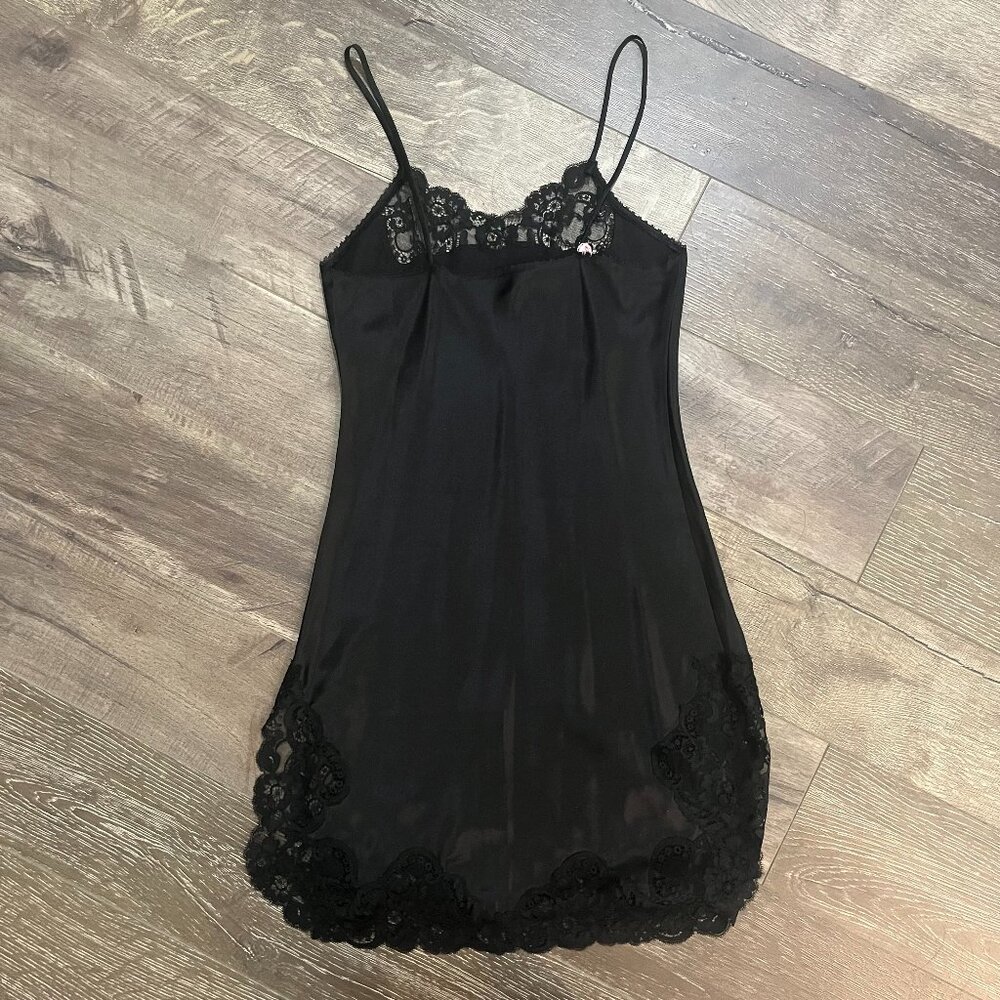 Vintage lace trim black silk slip dress